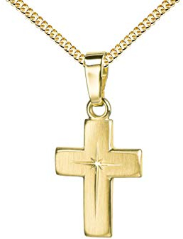 JEVELION Kreuz-Anhänger mit Panzer-Kette vergoldet für Damen, Herren und Kinder mattiertes Kreuz mit strahlenförmiger Kreuz-Gravur als Kettenanhänger 925 Silber vergoldet + Schmuck-Etui