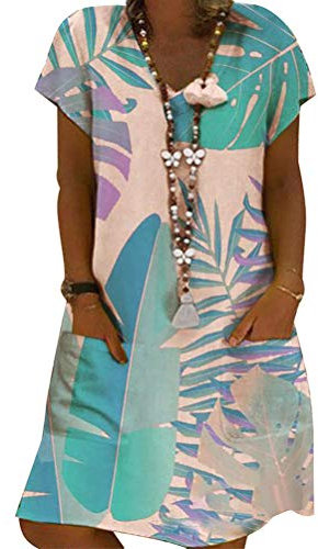 ORANDESIGNE Femme Robe Chic Robe Été Robe de Plage Col V Casual Grande Taille Robe Manches Courte Unie T-Shirt Coton Lin Robes Bohême Midi Dress D Rose 44