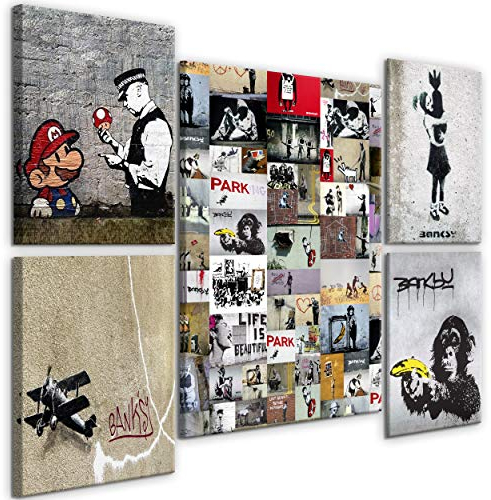 decomonkey Bilder Set Banksy 110x80 cm 5 Teilig Leinwandbilder Bild auf Leinwand Vlies Wandbild Kunstdruck Wanddeko Wand Wohnzimmer Wanddekoration Deko Graffiti Street Art
