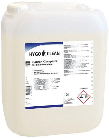 1 Stück Hygoclean Saurer Klarspüler für Spülmaschinen, V: 10l, transparent, Klarspüler für Spülmaschinen, Geschirrspüler