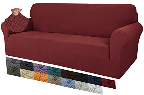 MAXIJIN Creative Jacquard Couchbezüge für 3-Sitzer, Super Stretch rutschfeste Sofabezug für Hunde Haustierfreundliche 1-teilige elastische Möbelschutz-Sofabezüge (3 Sitzer, Weinrot)