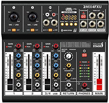 Italian Stage IS 2MIX4FXU - Mixer audio analogico stereo a 4 canali per live, con DSP Multi FX e Bluetooth, Nero