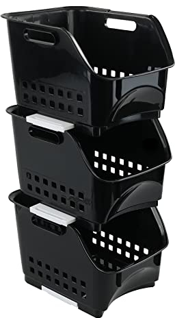 Jandson 3-Pack Plastic Stackable Kitchen Storage Basket, Black