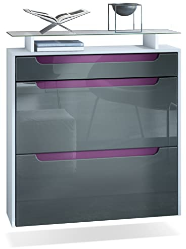 Vladon Schuhschrank Annie, Schuhkipper für 16 Paar Schuhe mit 2 Klappen, 1 Schublade und Glasablage, Weiß matt/Grau Hochglanz, Griffmulden in Brombeer Hochglanz (89 x 96 x 23 cm)