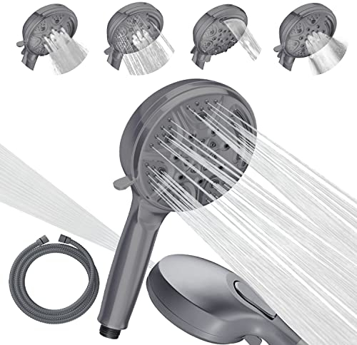 SparkPod 5 Inch 9 Spray Setting Shower Head - Handheld High Pressure Jet with On/Off Switch, Pause & Waterfall Setting- Premium ABS Removable Handheld Shower Head with Hose (6ft) (Charcoal Grey)