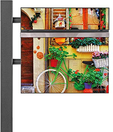 banjado® Standbriefkasten Anthrazit mit Motiv Grünes Fahrrad & Zeitungsfach/Briefkasten mit Standfuß in Anthrazit/Postkasten A4 Einwurf inkl. Montagematerial & 2 Schlüsseln