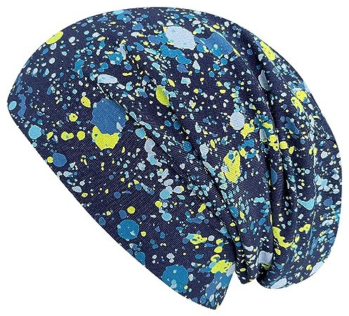 Wollhuhn ÖKO Jungen/Mädchen/Kinder Bequeme Weiche Long Beanie/Mütze/Beanie-Mütze/Kindermütze Jersey Gefüttert Übergangszeiten (Öko-Stoffe/Bio) 20220620 (Splatter Dunkelblau/Bunt, M)