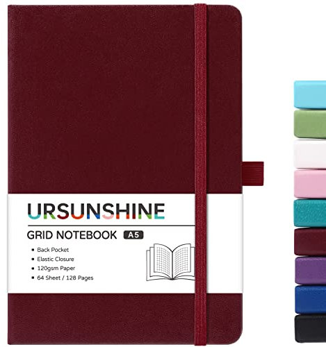 Graph Grid Paper Notebook/Journal – Klassisches Tagebuch/Notizbuch mit Band-Trenner, Hardcover mit dickem Papier, 13,5 x 21 cm, gebändert, Stifthalter + Innentasche, Burgunderrot