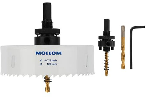 Mollom (124mm | 4-7/8) HSS M42 with 8% cobalt BI-Metal Hole Saw with 2 Pilot Drill Bits & Arbor Smooth Cutting for PVC,Drywall,Wood,Plastic,Gypsum Board,Rubber