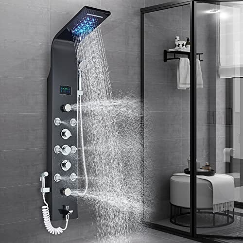 JunSheng Colonna Doccia Idromassaggio LED con Soffione Doccia Alta Qualità Acciaio Inox Pannello Doccia Set con Display LCD Della Temperatura Per Bagno,Doccetta e Vasca,Nero