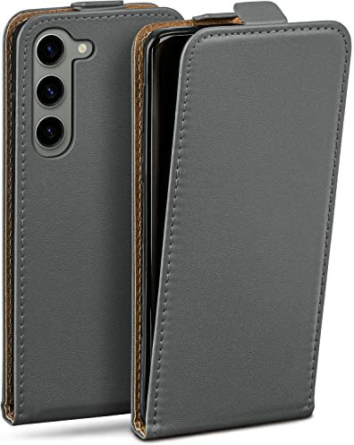 moex Flip Case für Samsung Galaxy S23 Hülle klappbar mit 360 Grad Schutz, Handyhülle mit Displayschutz, PU Leder Handytasche Lederhülle, Flip Case Cover Klapphülle, Grau