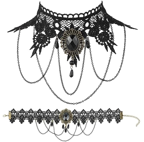 Cobee Halloween Spitzen Halskette, Retro Gothic Damen Halsband, schwarze Spitze Cosplay Halskette Vintage Punk Cosplay Vampir Schmuck für Frauen Halloween Kostüme, Zubehör (2 Stück)