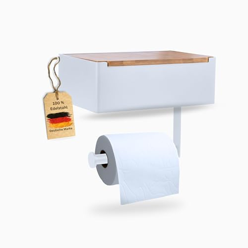 Pandonix® Toilettenpapierhalter mit Feuchttücherbox - Edelstahl & Bambus - Toilettenpapierhalter ohne Bohren - Weiß - klopapierhalter mit feuchttücherbox