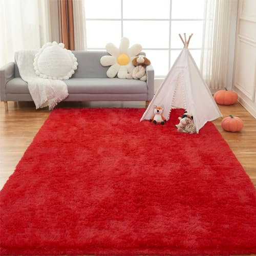 AMTOVO Flauschiger Schlafzimmerteppich, 1,2 x 1,8 m, rot, zottelig, flauschige Teppiche für Wohnzimmer, weicher Teppich für Kinderzimmer, Plüsch-Kinderzimmerteppich für Baby, niedliche Raumdekoration