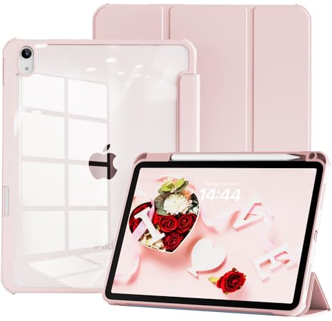 JKSML Hülle für iPad Air 11 Zoll M3/M2 (2025/2024) & iPad Air 5./4. Generation 10.9 Zoll (2022/2020) Hülle mit Stifthalter, Transparente Rückseitenschale, Auto-Schlaf/Weck,Rosa