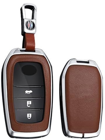 TECART Leder Autoschlüssel Hülle Cover Passt für Toyota Camry CHR RAV4 Auris Yaris Prius Aygo Corolla Land Cruiser 200 Prado Crown Schutzhülle Schlüsselcover Zubehör 3 Taste A Silber Braun