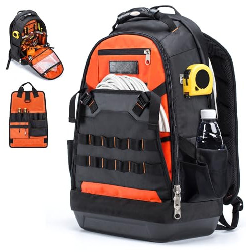 Stahlusdick Werkzeugrucksack, strapazierfähig, großer Rucksack, Werkzeugtasche mit mehreren Werkzeugtaschen, harter Boden für Elektrikerbau, HVAC-Werkzeugrucksack für Herren