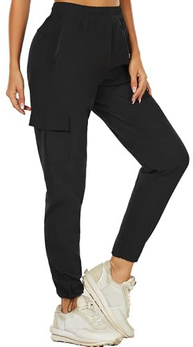 wadizo Wanderhose Damen Leichter Schnelltrocknend Trekkinghose Outdoorhose UV-Schutz Atmungsaktiv Kratzfest Funktionshose Sommer Outdoor Cargohose mit Reißverschlusstasche (Schwarz, M)