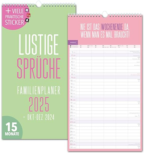 Familienkalender 2025 5 Spalten LUSTIGE SPRÜCHE Familienplaner 2025 und Okt-Dez 2024 Wandkalender 23 x 43cm Planer für Familie 2025 Wandplaner STICKER Recycling Urlaub, Pflanzkalender Witze lustig