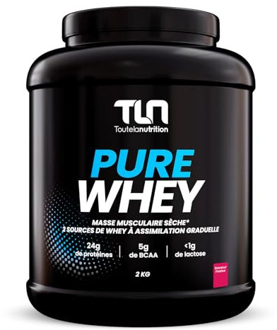 PURE WHEY | Isolate & Concentré de Whey | Jusqu’à 79% de Protéines | Riche en BCAA | Assimilation Graduelle | Musculation Rapide et Sèche | Peu Calorique | 2kg | Onctueuse Goût Fraise | TLN