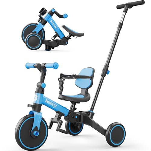 besrey Kleinkinderfahrrad mit elterngesteuertem Schiebegriff für 1-3 Jahre alte Mädchen und Jungen, faltbares Kinder-Schiebedreirad, Kleinkinderdreirad mit abnehmbaren Pedalen, höhenverstellbarer Sitz