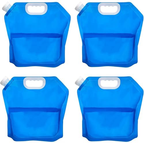 Collapsible Water Tank Container 4 Pack 1.3 Gallon/5L, No-Leak Portable BPA Free Food Grade Plastic Storage Jug for Camping, Hiking, Travel, Emergency Survival Kit Bonus 2 Pcs Caps (4Pcs 5L, Blue)