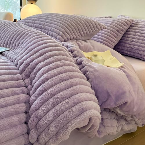 GETIYA Elegant Lila Plüsch Bettwäsche 135x200 Flauschig Flanell Bettwäsche Winter Warm Bettwäsche Streifen Muster Cashmere Touch bettwäsche Damen Plüsch Bettbezug mit 1 Kissenbezug 80x80