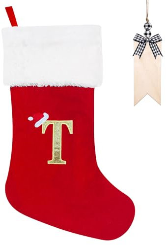 Weihnachtsstrumpf Personalisiert 50cm Großer Nikolausstrumpf mit Buchstaben Plüsch Stockings Hängender Weihnachtsmann mit Namensschild Ornamente Weihnachtsdekorationen für Weihnachtsbaum und Heim (T)