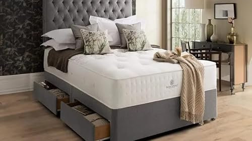 CALISMA Designer Damask Memory Spring Foam Divan Bed Set With Mattress, 2 Drawers (Same Side) and Headboard (Charcoal, 4FT Small Double)