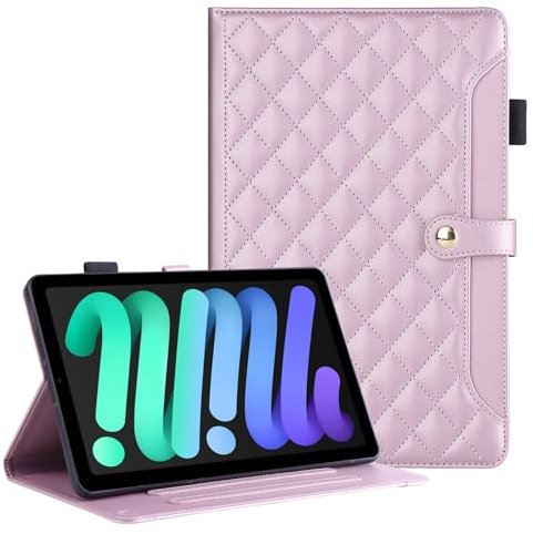 Rosbtib Custodia per iPad Mini 2024 (A17 Pro, 7 Generazione)/iPad Mini 6 2021 (6 Generazione) 8.3, Custodia in pelle PU ricamata a scacchi con cinturino, supporto e pulsante magnetico, Rosa