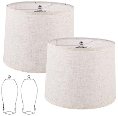2uds Pantalla de Lampara Tambor, 32cm Diámetro x 24,9cm Alto Pantalla Lámpara Lino Beige Reemplazo Pantalla Lampara con Adaptadores E26 E14 11mm para Mesa Piso Colgante Lámparas