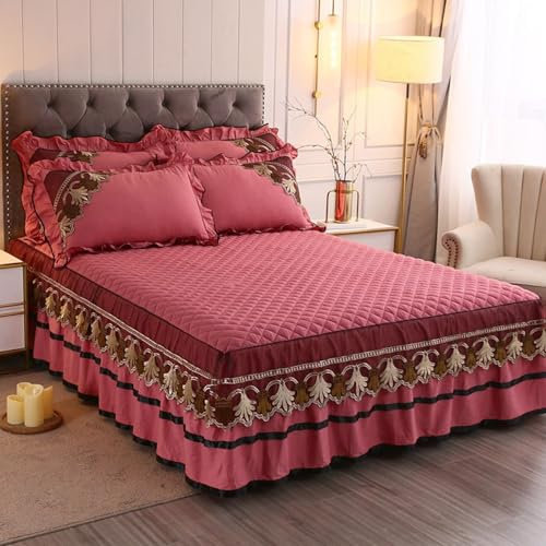 AMDXD 180x220cm Bett Volant mit 2er Kissenbezüge Set 3teilig Laken, Spitze Bettvolants Einfarbig Bohnenrosa Matratzenschutz, Baumwolle Spannbetttücher für Boxspringbett & Topper