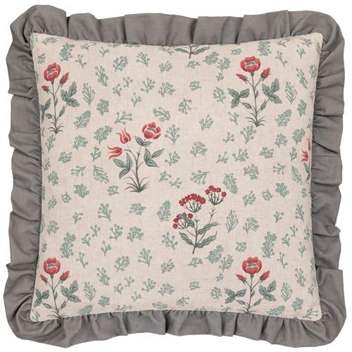 Paoletti Linen Renata Floral Feather Filled Cushion – Luxury Vintage Style Linen Textured Ruffle Trim Decorative Pillow (Multicolour – 50x50cm)