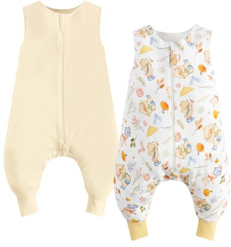 WYTbaby Saco de dormir con pies, 1,0 TOG, paquete de 2 unidades, saco de dormir para bebé, 100 % algodón, sin mangas, saco de dormir con pipa, para niños y niñas, amarillo + oso, 70 cm (2 unidades)