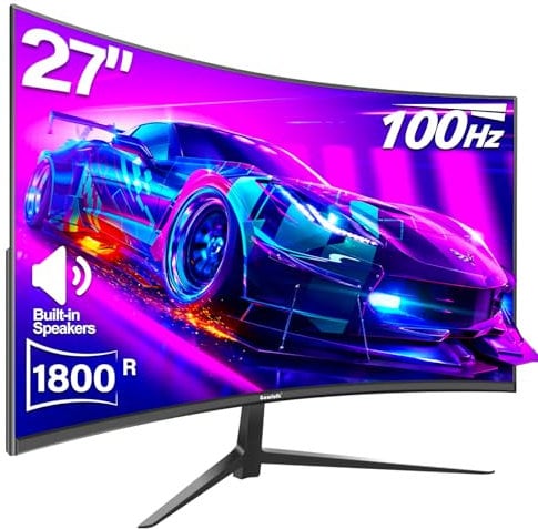 Gawfolk Curved Monitor 27 Inch 100Hz, PC Gaming Monitor with Speakers, AMD FreeSync Full HD 1080p Ultra-Thin Zero Frame Display for Home Office Business(Black)