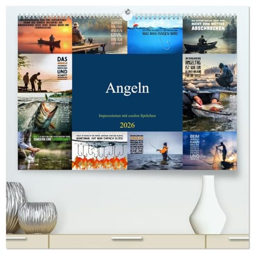 Angeln - Impressionen mit coolen Sprüchen (hochwertiger Premium Wandkalender 2026 DIN A2 quer), Kunstdruck in Hochglanz: Angelzeit ist meine Zeit (CALVENDO Sport)