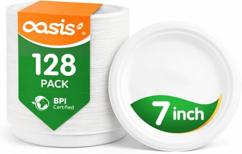 OasisSN - Piatti di carta compostabili da 17,8 cm, confezione da 128, resistenti, in bagassa di canna da zucchero, usa e getta, ecologici, biodegradabili per snack e feste, bianchi non sbiancati