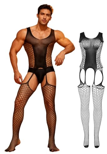 comeondear Mesh Bodystocking Män Sexig Öppen Bodystocking Hot Underkläder Fishnet Strumpor Ärmlös Bodysuit med Strumpeband Sissy Hard Underkläder