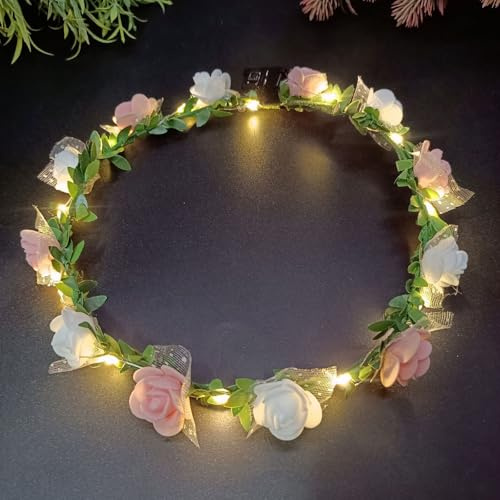 FENGCHUANG Bandeau lumineux à LED - Couronne de fleurs - Bandeau lumineux pour Noël, Halloween, fête, décorations de mariage (rose, code universel)