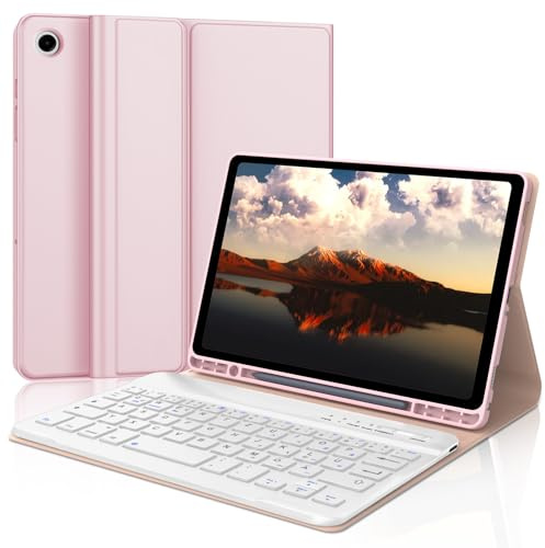 FOGARI Hülle Tastatur für Samsung Galaxy Tab A9 8.7 Zoll 2023 | Mit Magnetisch Abnehmbarer Bluetooth Dünne Tastatur und Soft TPU Hülle mit Stifthalter für Büro/Studie/Schreiben, Rosa
