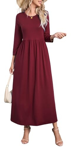 Enmain Maxi Dress for Women Casual 3/4 Sleeve A-Line Dresses with Pockets Winter Elegant Classic Round Neck Tunic Wedding S-3XL