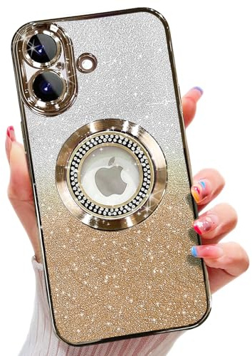 Misscase for iPhone 17 Magnetic Glitter Case,Cute Full Protection Slim Shockproof Anti-Scratch Bling Sparkly Case with Camera Lens Protector, Logo View Dust-Proof Net for Women Gold