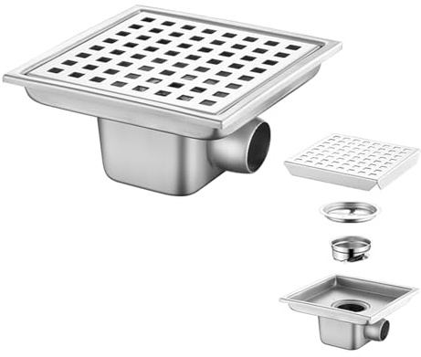 Bodenablauf Duschrinne Quadratisch Edelstahl,15x15cm,Bodenablauf Dusche Haarfilter 2 in 1 Befliesbar Ablaufrinne Duschablauf,Komplett aus Edelstahl 360°Siphon Geruchsverschluss,Für Bäder,Keller,usw.