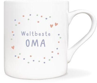 mintkind® Tasse Oma 400 ml – Porzellan Kaffeebecher mit Konfetti Design | Mit Herzmotiven – liebevolle Geschenkidee zu Weihnachten, zum Geburtstag der Großmutter oder als Dankeschön