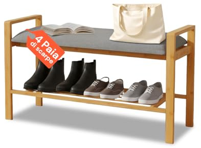 Avilia - Schuhbank aus Bambus mit gepolstertem Kissen und Ablage aus Latten für Schuhe und Zubehör, natürliches Design, platzsparend, einfach zu montieren und zu reinigen