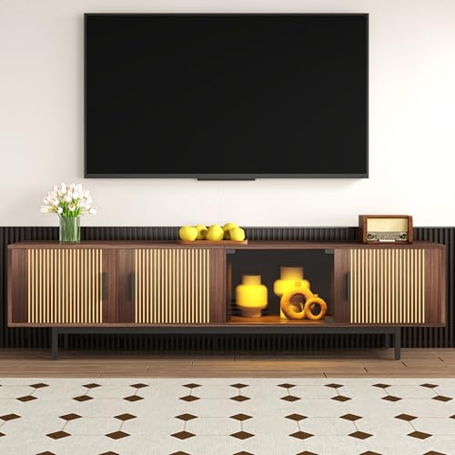 Merax TV cabinet, Wood TV Unit 200cm Storage Sideboard with 4 Doors, Smart LED Light Strip, Carved Texture Design, 200 * 35 * 53 cm