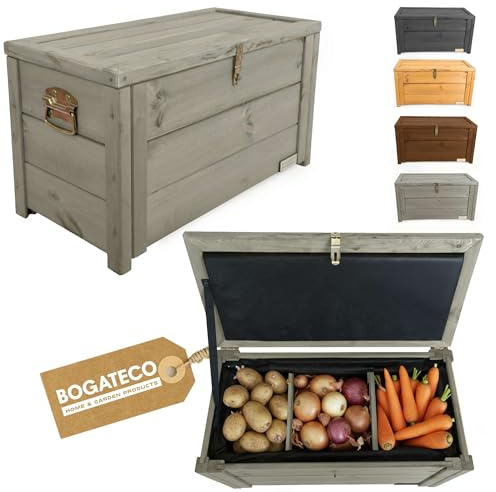 BOGATECO Gartenbox Holzkiste mit Deckel | Thermobehälter | Isoliert Kaste zur Aufbewahrung von Obst und Gemüse 55L | Verstellbare Fächer 79x46x39cm