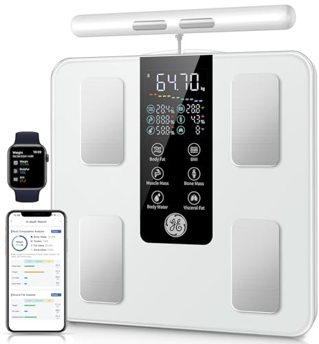 GE Körperfettwaage mit Handsensoren Smart, 50 Körperwerten Body Fat 180 kg | 8-Elektroden Digitale Waage mit Körperfett und Muskelmasse White