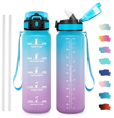 JAPORIA Gourde Motivation 1L, Gourde avec Paille et Marqueur de Temps, Bouteille d'eau sans BPA, Bouteille pour Fitness, Yoga, Bureau, Randonnée