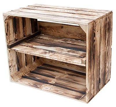 Geflammte Kiste mit Mittelbrett als Schuh- oder Bücherregal/Holzkiste (1 Kiste)
